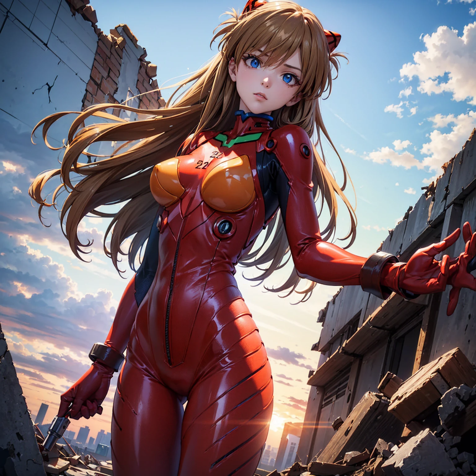  one woman,  Shikinami Asuka Langley, ( Shekinamia Scarangley :1.2),  long hair, bangs,  blue eyes,  brown hair,  hair ornament, break bodysuit,  pilot suit in the ruins of the city,  PLUG SUIT, ( Red Bodysuit :1.5), break outdoors, city, null, cloud, sun, break looking at viewer, ( cowboy shot:1.5), break (masterpiece:1.2),  best quality ,  high definition ,  unity 8k  , (Illustration:0.8), (  Beautiful Detail Eyes:1.6),  Highly Detailed Faces , perfect lighting,  CG , (Perfect hands,  perfect anatomy ),