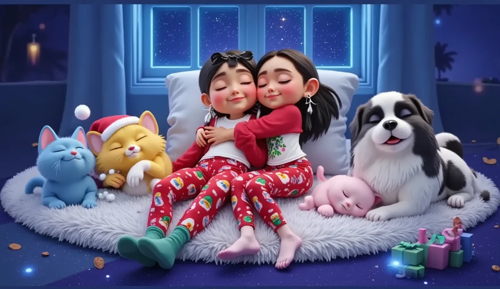 An enchanting 3D scene inspired by Disney Pixar movies, posters, and characters, rendered in high resolution and top quality. Two siblings are lying on a fluffy white rug, peacefully sleeping with their eyes closed, lovingly hugging each other. The boy has sun-kissed bronze skin, light brown curly hair, and is dressed in a white T-shirt, red pajama pants with Christmas-themed patterns, a red sweatshirt, and white Christmas socks. The girl has light brown skin, straight black hair, and is also wearing a white T-shirt, red pajama pants with Christmas-themed patterns, a red sweatshirt, and white Christmas socks. She has a colorful feather earring. In the background, a large window showcases a stunning starry night, with one star shining much brighter than the others. On the rug, sleeping beside the ren with their eyes closed, are four adorable baby animals in Christmas outfits: a blue kitten, a yellow kitten wearing a red and white cap with a bell design, a pink kitten, and a Lhasa Apso puppy, white with caramel spots on its eyes and paws. The entire setting is imbued with a magical Christmas atmosphere, featuring cozy and heartwarming details that highlight the festive spirit. Everyone in the scene, both ren and animals, is lying down and peacefully sleeping with serene expressions.