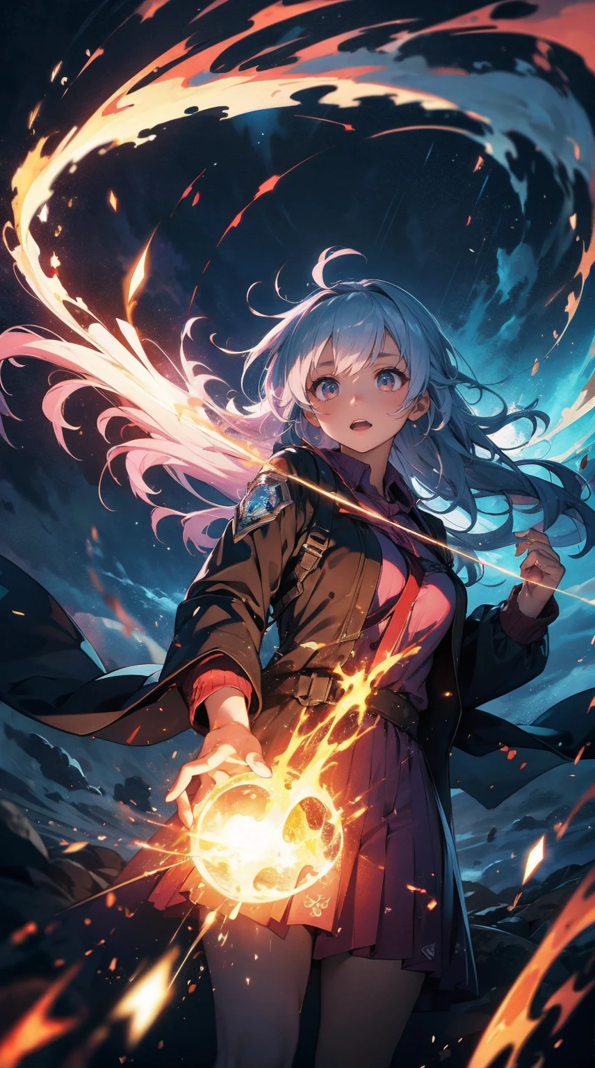 a magical girl casting spells in the midst of a raging tornado, dramatic storm clouds, high quality, abstract art, masterpiece, detailed fantasy, hyperrealistic, cinematic lighting, volumetric lighting, dramatic atmosphere, powerful energy, swirling winds, electric sky, turbulent weather, intense magic, mystical elements