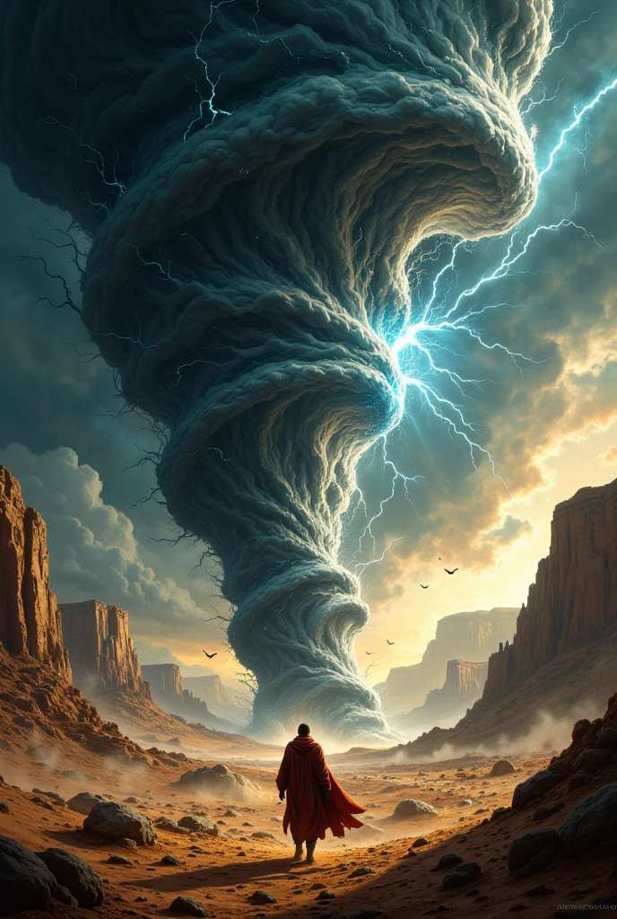 Desert wilderness, giant tornado, hurricane, spiral, lightning, sparks, heavy rain, strong winds, fear, bold and dynamic, contrasts of light and shadow, 2.5D, artistic images art, ultra detailed, absolutely resolution, masterpiece