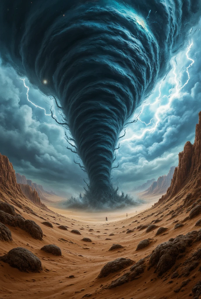 Desert wilderness, huge tornado, hurricane, spiral, lightning, sparks, terror, bold and dynamic, contrasts of light and shadow, 2.5D, artistic images art, ultra detailed, absolutely resolution, masterpiece