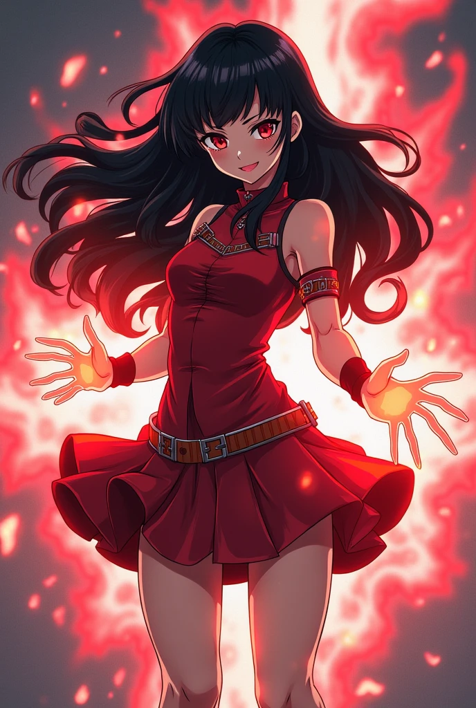 girl,solo,red dress,dancing with fire,looking to the side,night