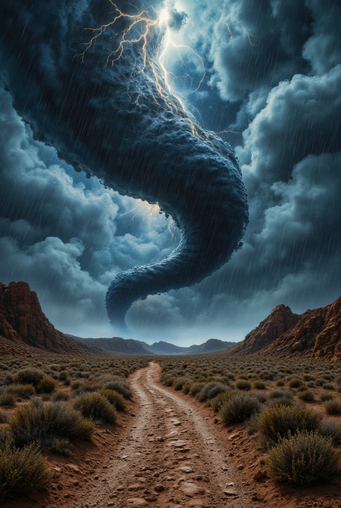 Desert wilderness, giant tornado, hurricane, spiral, lightning, sparks, heavy rain, strong winds, fear, bold and dynamic, contrasts of light and shadow, 2.5D, artistic images art, ultra detailed, absolutely resolution, masterpiece