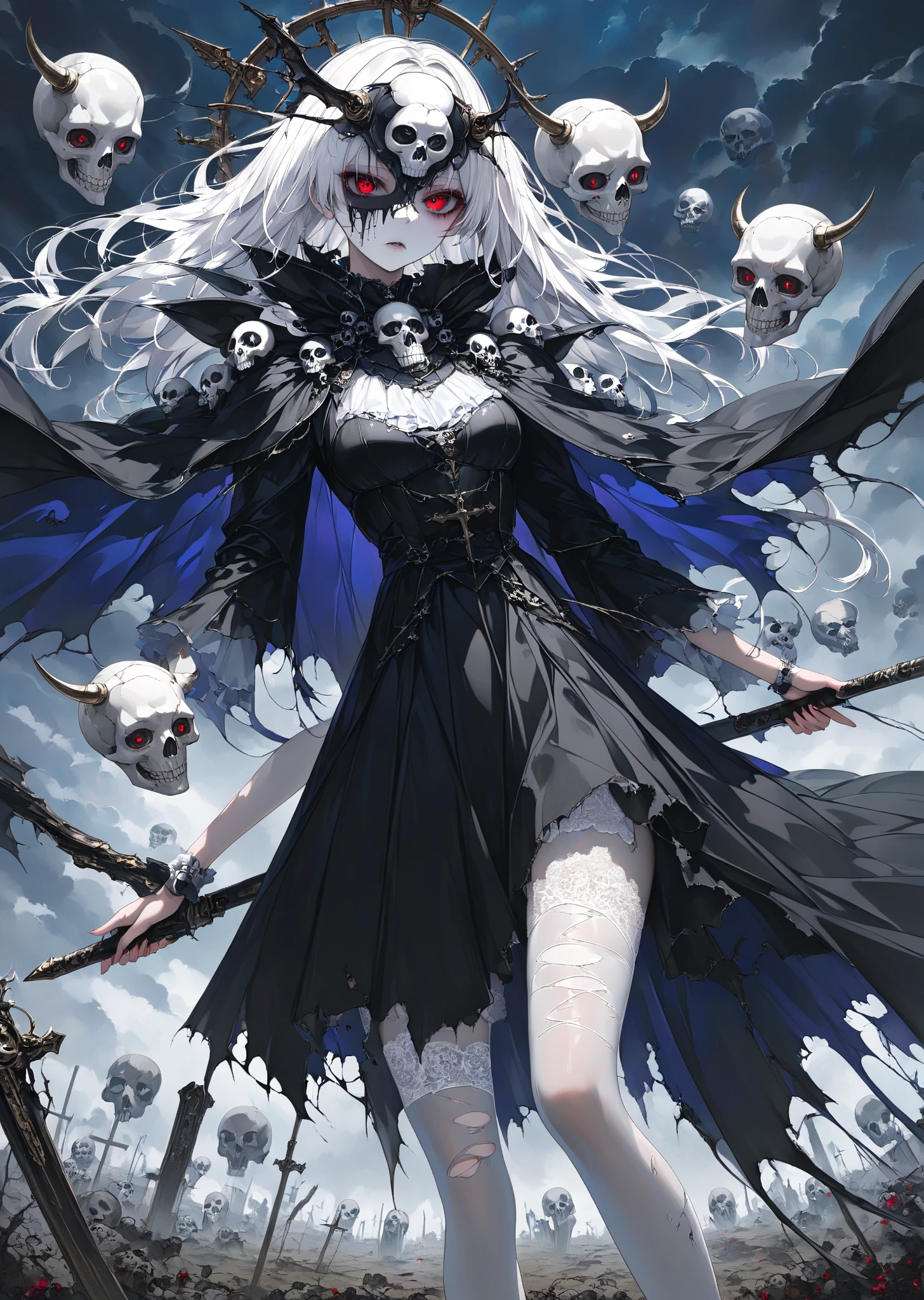 Undead Maiden, Wears rococo intricate black bone armor, Upturned breasts，Skulls are everywhere，Crying, ripped apart, Exquisite bone blood stained with blood，There is a bone crown on the head，The expression is hideous, Heterochromia, Silver hair, floated hair, Wavy hair, Halo, crescent hair ornament, Red eyes, long eyelasher, White bone pendant, Armed with the Grim Reaper Scythe, The scythe has green complex runes on it, Light and shadow scattered，Interweave this big fireball，Vignetting, Verism, surrealism, Rococo style, Ray tracing, Sparkle, Cinematic lighting, Motion blur, god light, chromatic aberration abuse, character sheets, hyper HD, retinas, Masterpiece, ccurate, Textured skin, Anatomically correct, Super detail, High details, High quality, Best quality, A high resolution, 16k