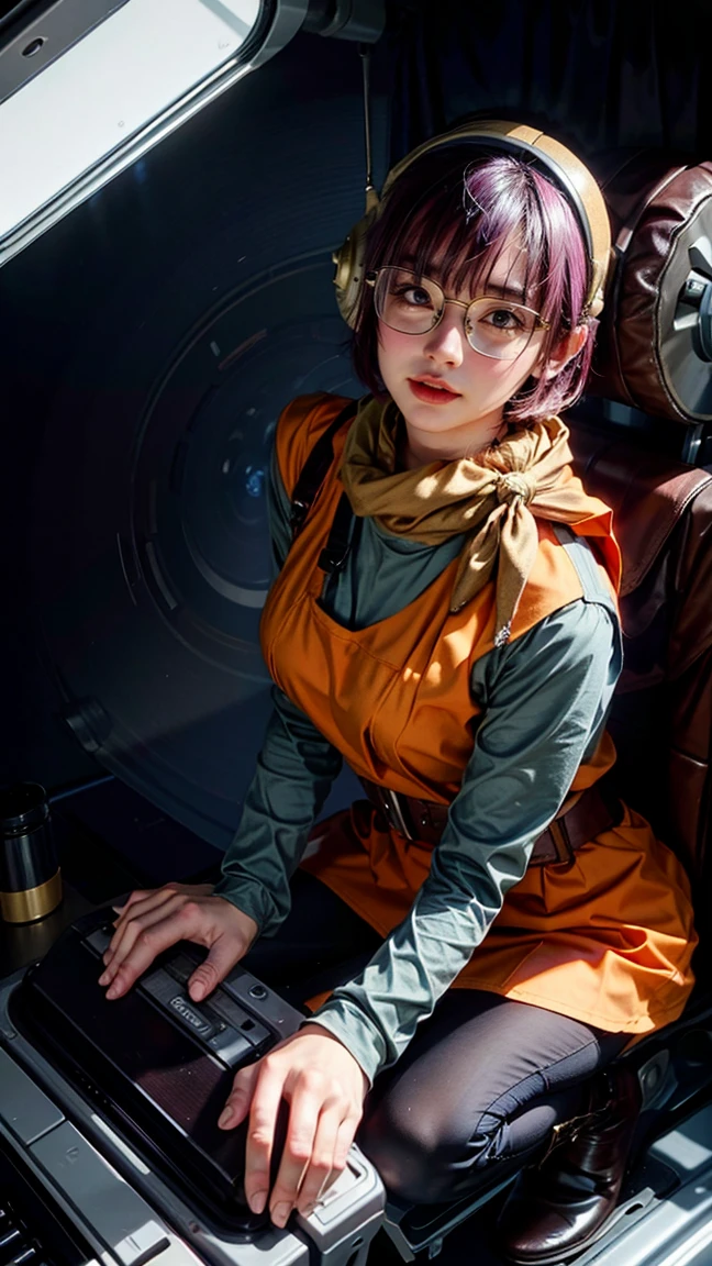 Lucca, (into a machine Cockpit:1.2), ultra delicate face and details eyes, ultra detailed, (realistic), (solo), young woman, (purple color short bob hair, blunt bangs), BREAK (glasses), mechanical antenna earmuffs, yellow scarf, (orange color clothes), (long sleeve), BREAK (black short leggings), (boots), BREAK best quality, absolutely resolution, masterpiece, RAW photo