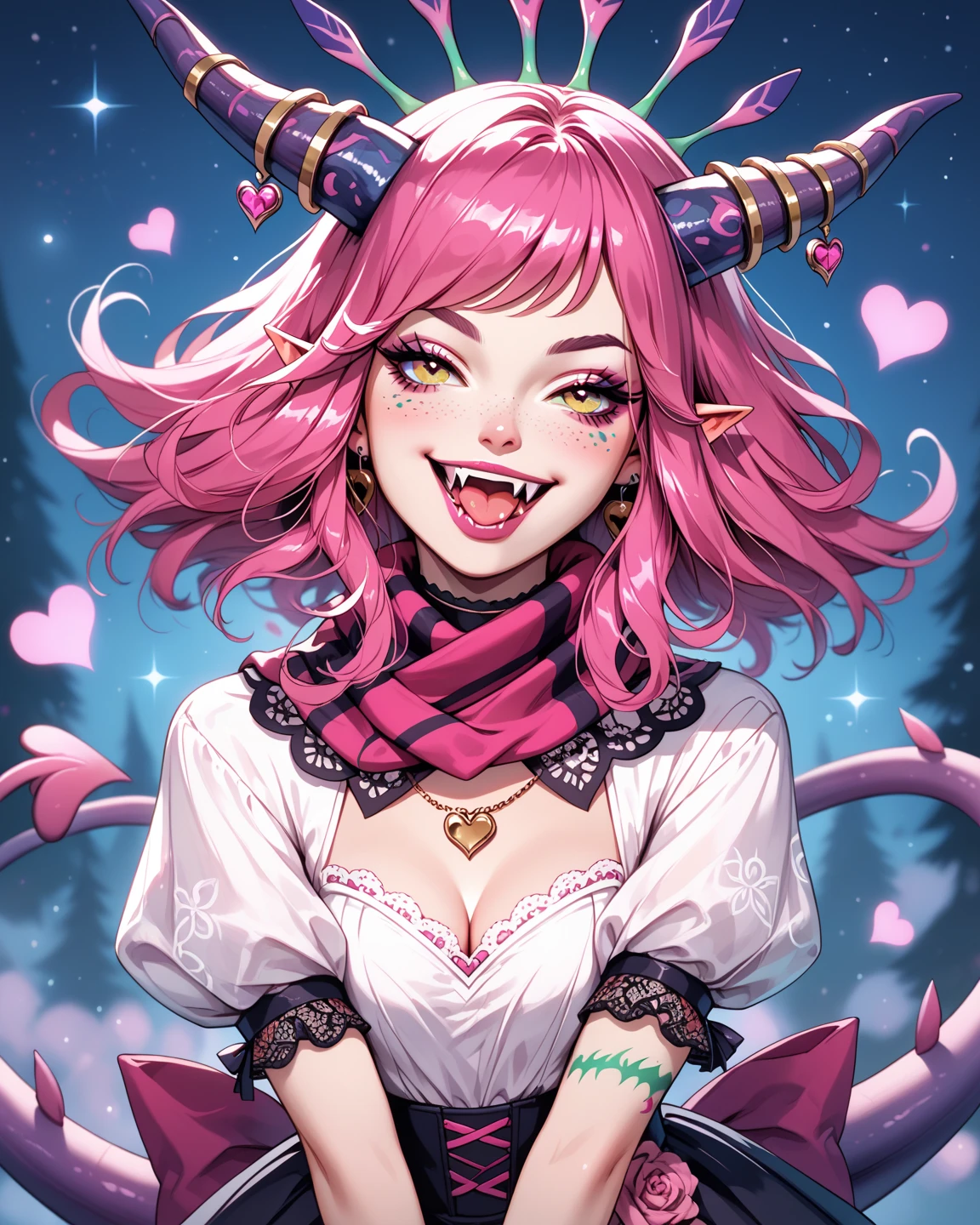  create a character inspired by succubus , ordinary pale skin half pinkish ,  short pink hair spiked to the sides  (baseado no da neeko de league of legends),  a dress with wide ruffles and wide fluffy sleeves that even covers the hand with few gold details,  a skirt with a scarf on the right and left that extends the size of the skirt,  two pink and reddish horns on the head medium and circular ,  eyes with a bright pink heart-shaped iris , two large fangs outside the mouth , And two elf ears,  demon tail with the tip in the shape of an inverted heart .