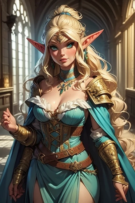 A Voluptuous Elven Cleric Standing alone, a Elf with blonde hair with a blue streak of hair, blue eyes female elf with blue eyes, symmetrical features, voluptuous cleric. a stripe of blue hair from her temple