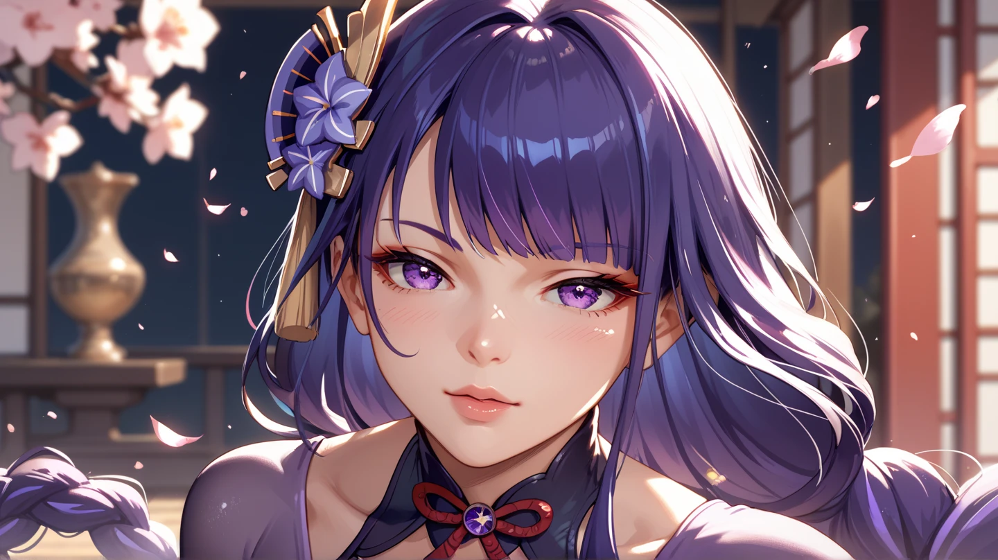 masterpiece, best quality, ultra high res,photon mapping,best shadow,portrait,beauty detail,ultra high detail,long purple hair,single braid,blunt bangs,medium breasts,city,chinatown,downtown,see through, short dress, low cut:2, hair ornament, earrings, necklace, portrait, silver dress:2, looking at viewer,solo,professional light, detailed skin,<lora:raidenShogunRealistic_raidenshogunHandsfix:0.7>,<lora:downblouseForBoobs_v1:0.6>