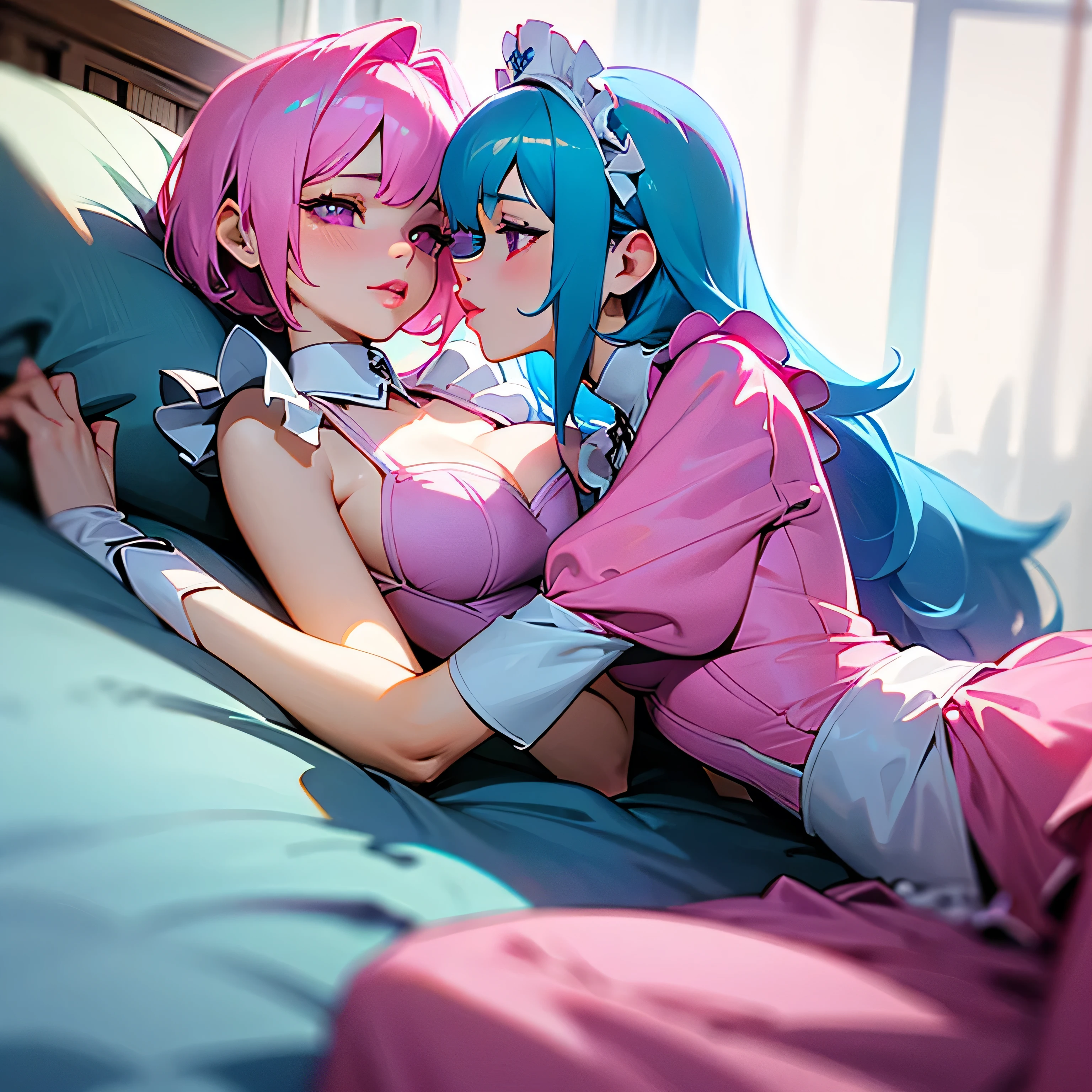 ((masterpiece)), ((best quality)), ((highly detailed)), (original), ((delicate background)), ((extremely detailed 8K wallpaper)), sweet, depth of field,
BREAK
((maid clothes)), ((scanty clothing)), lots of frills, big breasts,
BREAK
curly hair, faint pink hair, short hair,
BREAK
((heart-shaped eyes)), pink eyes, tongue out, blush,
BREAK
1girl, solo, cute girl, 15 years old, shiny skin,
BREAK
full body shot, on the bed, ((wariza)), looking at the viewer,