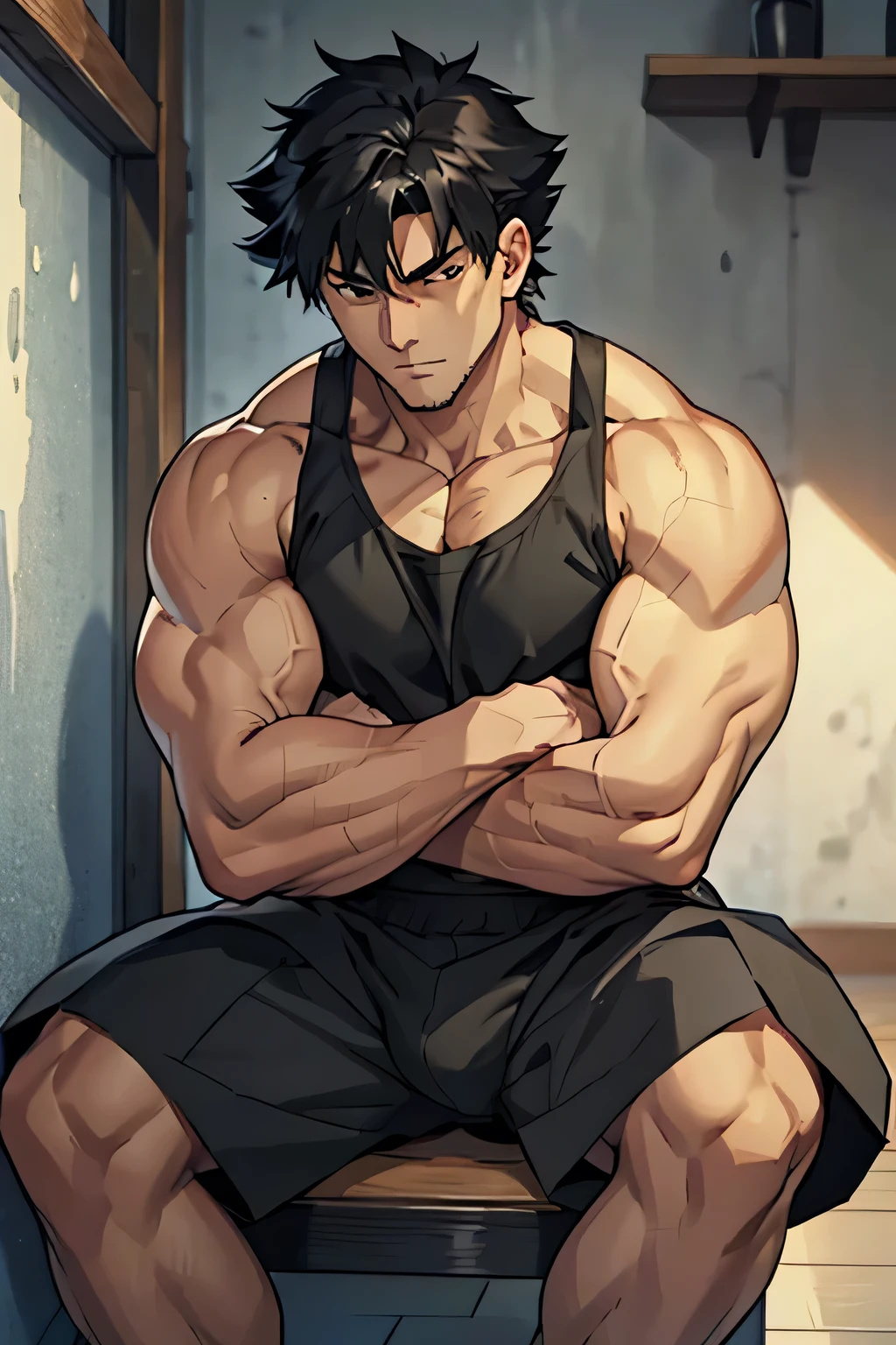 Kiritsugu is sitting and flexing his thighs. He is wearing a black tanktop. The right sleeve of his boxers is completely rolled up, so you can see his entire thigh. He wears black short boxershorts. You can see his thighs completely. He has a huge bulge. He is admiring his arms by touching them. His arms are full of visible huge thick veins.