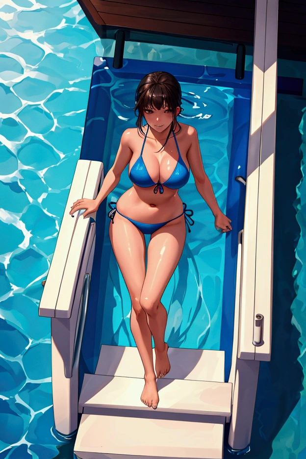 ((Top Quality)), ((Masterpiece)), ((Details)), perfect face, perfect body, sitting by the pool, listening to music, wearing headphones, wearing swimsuit, transparent swimsuit, wearing clothes exposing tight hips and breasts Woman with face visible, sitting with legs apart, big