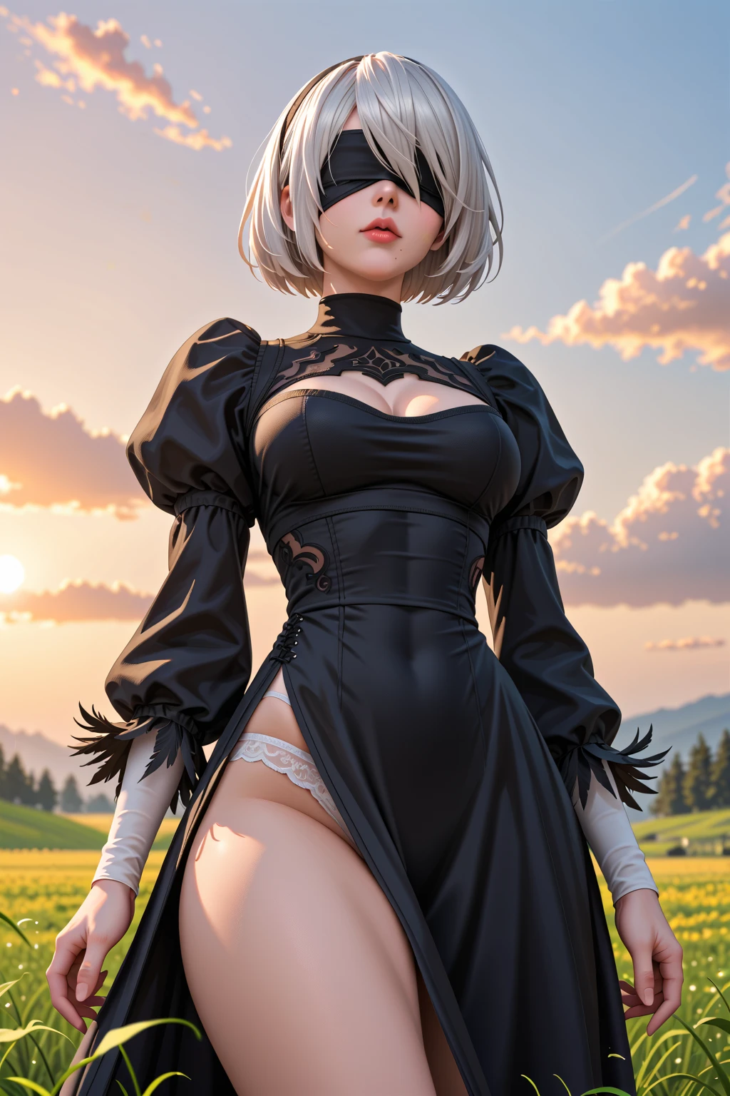 (score_9, score_8_up, score_7_up:1.5), masterpiece, cinematic perspective, leading lines, over detailed, Anime Style, Portrait, yorha no. 2 type b, short white hair, black dress, hairband, black blindfold, covered eyes, clothing cutout, cleavage cutout, puffy sleeves, black hairband, feather-trimmed sleeves, juliet sleeves, mole under mouth, thick thighs, from below, white beautiful detailed underwear, sunset, outdoor snowy fields background, depth of field, dynamic angle, fashion photography, sharp, (hyperdetailed:2.35), pink glossy lipstick