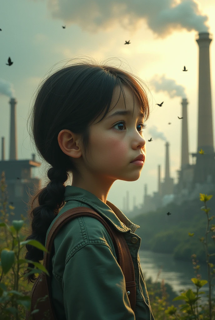 Front view of abused 13 year old  orphanage girl  and a glowing fiery small 
butterfly in the distance