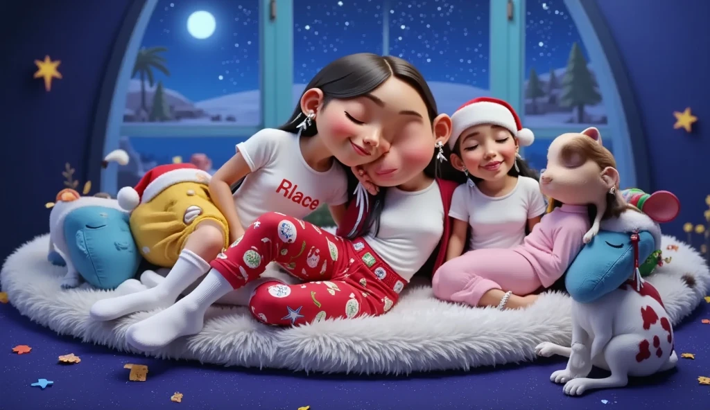 An enchanting 3D scene inspired by Disney Pixar movies, posters, and characters, rendered in high resolution and top quality. Two siblings are lying on a fluffy white rug, peacefully sleeping with their eyes closed, lovingly hugging each other. The boy has sun-kissed bronze skin, light brown curly hair, and is dressed in a white T-shirt, red pajama pants with Christmas-themed patterns, a red sweatshirt, and white Christmas socks. The girl has light brown skin, straight black hair, and is also wearing a white T-shirt, red pajama pants with Christmas-themed patterns, a red sweatshirt, and white Christmas socks. She has a colorful feather earring. In the background, a large window showcases a stunning starry night, with one star shining much brighter than the others. On the rug, sleeping beside the ren with their eyes closed, are four adorable baby animals in Christmas outfits: a blue kitten, a yellow kitten wearing a red and white cap with a bell design, a pink kitten, and a Lhasa Apso puppy, white with caramel spots on its eyes and paws. The entire setting is imbued with a magical Christmas atmosphere, featuring cozy and heartwarming details that highlight the festive spirit. Everyone in the scene, both ren and animals, is lying down and peacefully sleeping with serene expressions.