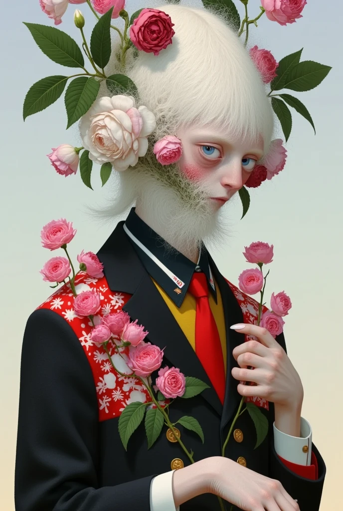  1 boy , bald, beard, daisy,  facial hair , flower卉背景, flower,   Male Focus , beard, Old, Old man, pink flower, portrait,  actual ,  with a simple background,  unique ,  White hair, White Rose,   wrinkled skin 