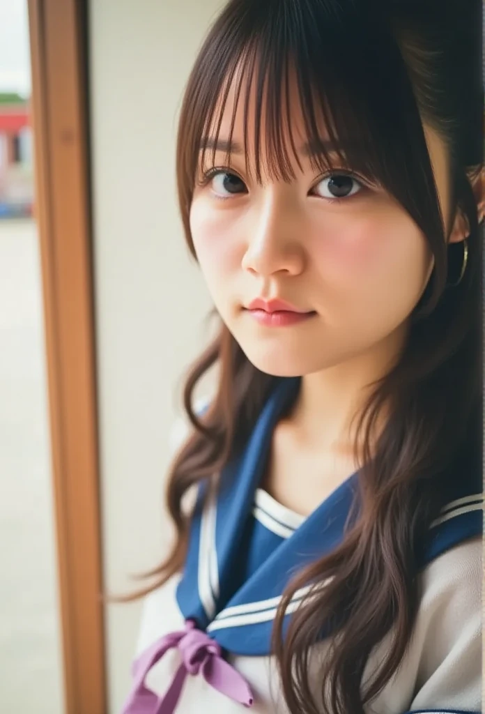 (( best quality, 8k,  table top in front of you: 1.3)), Beauty,  1 Japanese girl ,   I have a lot of dark brown hair, 18 years old, , smile,  Please stand by the classroom window, Modest Bang,  low ponytail ,  face focus,  detailed face ,  I Don't See High Definition Lips ,  beautiful eyes,  double eyelids, Sweaty skin: 1.2, ((( school uniform,  sailor suit ,)))