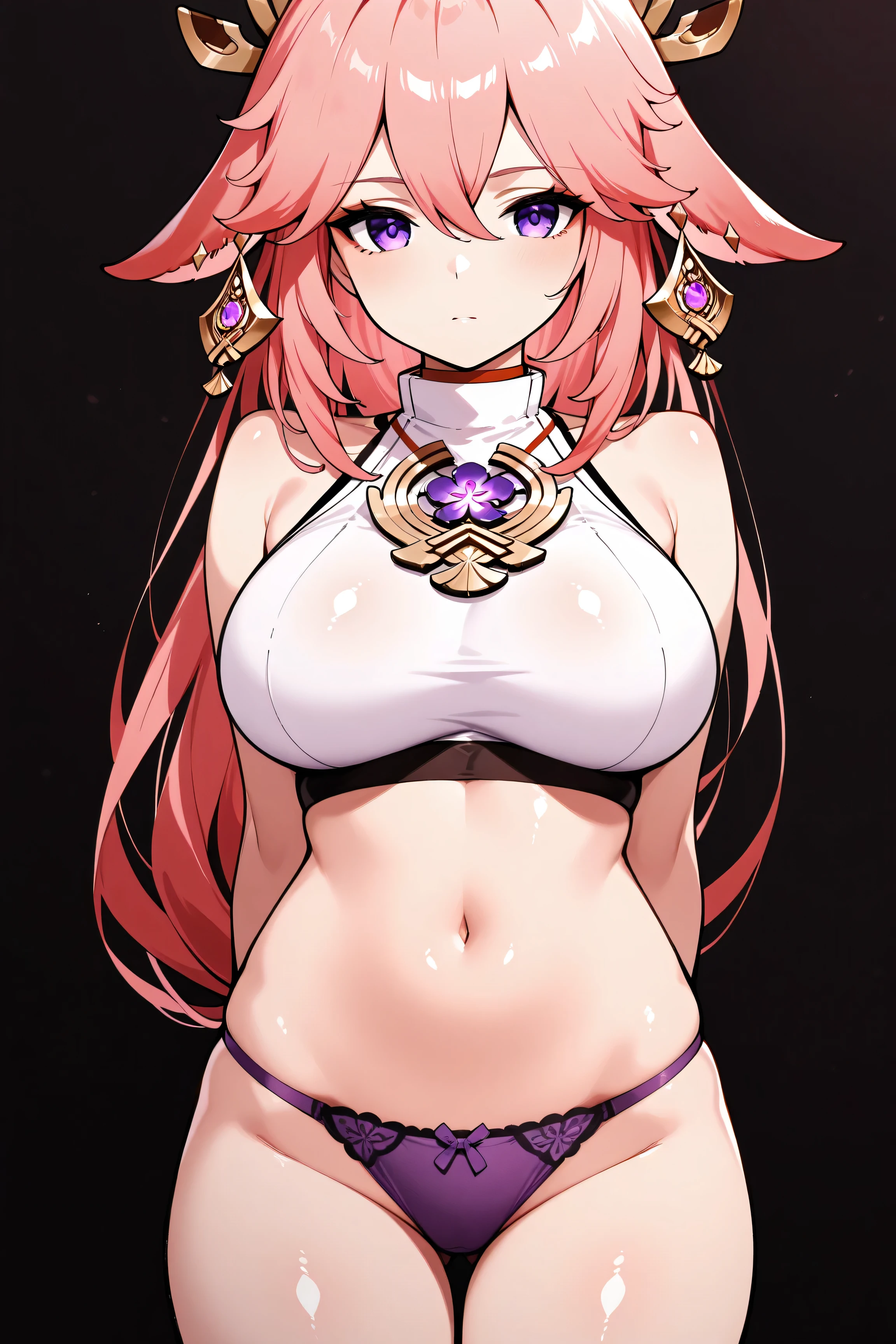 Yae Miko from Genshin Impact, big breasts, pink hair, purple eyes, tight crop top, panties, arms behind back, shiny skin, black background, looking at viewer, 