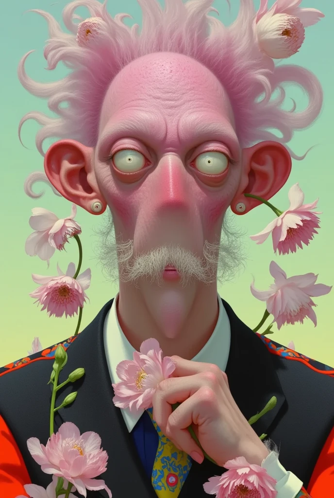  1 boy , bald, beard, daisy,   Male Focus , beard, Old, Old man, pink flower, portrait, 