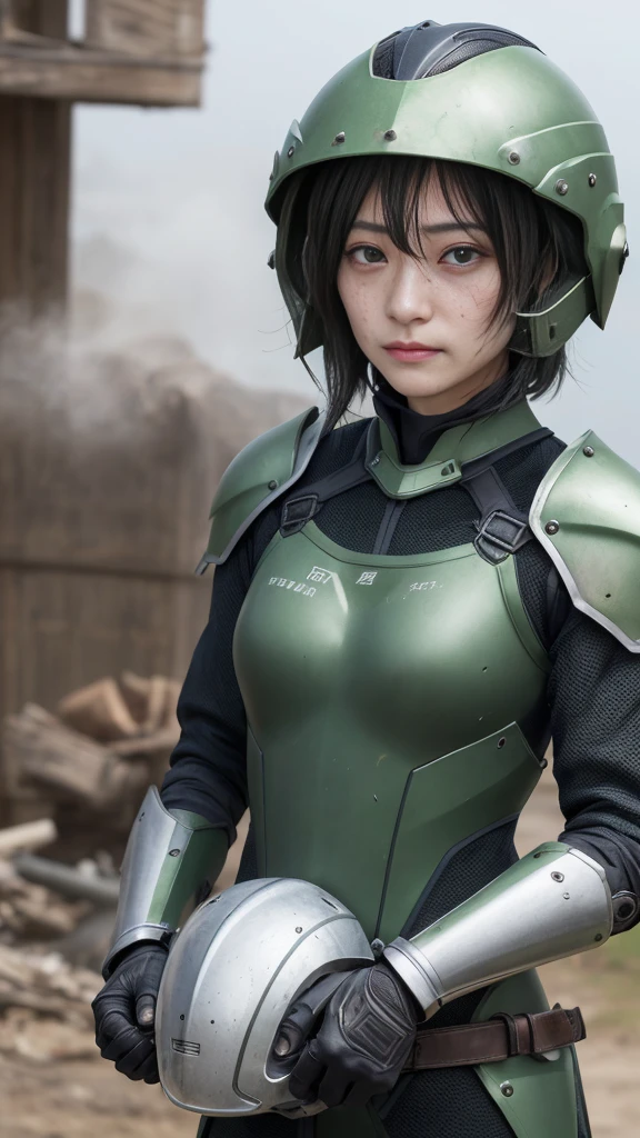18-year-old、Skinny body、Textured skin, Super detailed, Attention to detail, high quality, 最high quality, High resolution, 1080p, hard disk, beautiful,(War Machine),beautifulサイボーグ女性,Dark Green Mecha Cyborg Girl,Battle Mode,Girl with a mechanical body,She is wearing a futuristic combat weapon mecha、Very short hair、Brown eyes、Sweaty、Cute Smile、