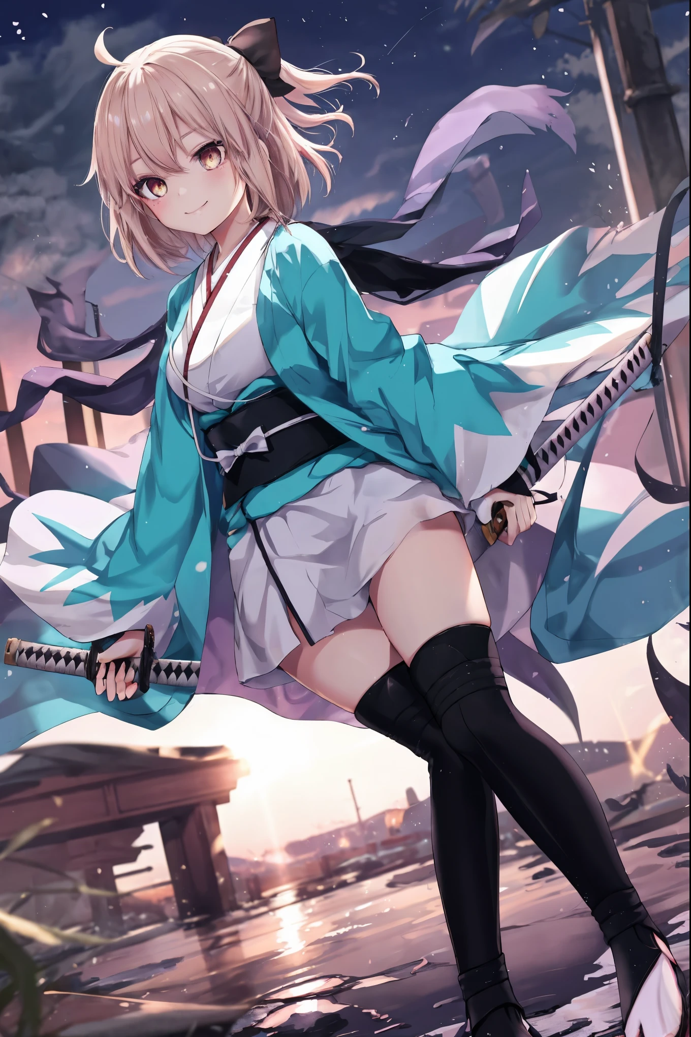 masterpiece, best quality, integrated scenery, integrated background, extremely delicate and beautiful, meticulous details, good composition, , cute face, perfect face, perfect hands, 1girl,okita souji \(FGO\), white_nosleeves_short_kimono,
 smile,dynamic_prepare_katana_posing,happy,gold_half_eyes, thigh-highs, straw_sandals,medium_breasts, midriff , right leg forward ,arm_holding_a_katana, 1katana, katana_blaide,waste_katana's_sheath, ,night,old_japanese_city_landscape_background,black_long_muffler,katana_blade_in_front_of_girl,knee, bragging_face, black_cloth_gauntlet