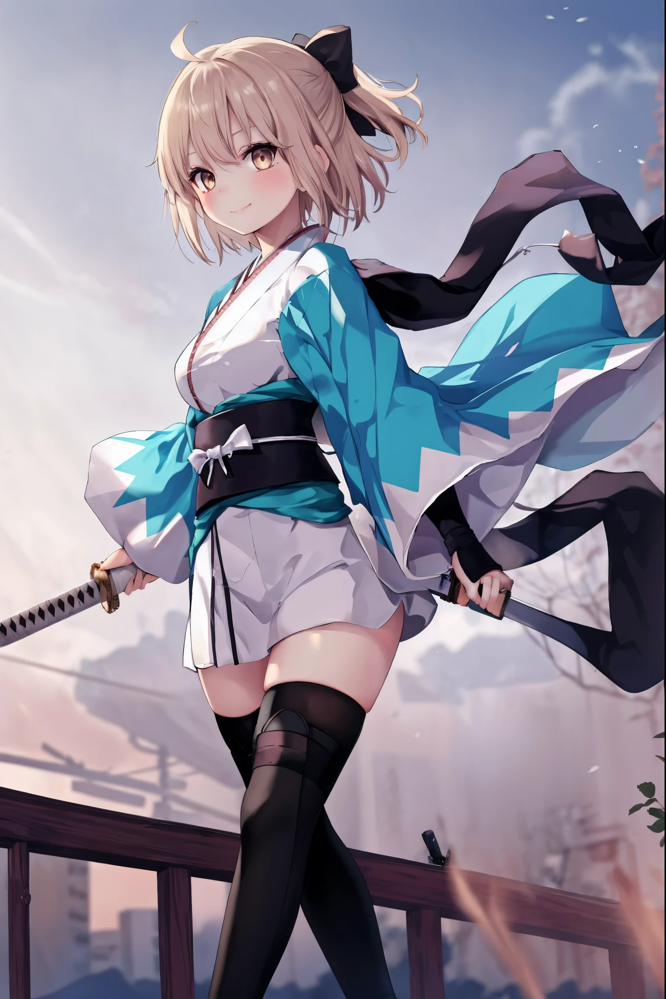 masterpiece, best quality, integrated scenery, integrated background, extremely delicate and beautiful, meticulous details, good composition, , cute face, perfect face, perfect hands, 1girl,okita souji \(FGO\), white_nosleeves_short_kimono,
 smile,dynamic_prepare_katana_posing,happy,gold_half_eyes, thigh-highs, straw_sandals,medium_breasts, midriff , right leg forward ,arm_holding_a_katana, 1katana, katana_blaide,waste_katana's_sheath, ,night,old_japanese_city_landscape_background,black_long_muffler,katana_blade_in_front_of_girl,knee, bragging_face, black_cloth_gauntlet
