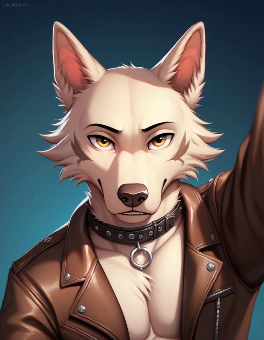 A close-up illustration of a confident, independent wolf, captured as if taking a selfie. The wolf's fur is dark gray with lighter gray on his chest and shoulders, giving him a rugged, mysterious look. His intense amber eyes are focused directly at the viewer, showing intelligence and a calm yet assertive nature. His face is framed by a few loose strands of fur, and there's a subtle scar on his cheek, hinting at past struggles. He’s wearing a worn brown leather jacket, unbuttoned slightly at the top, with the collar turned down, adding to his laid-back, rebellious vibe. The background is blurred, focusing on the wolf's face and upper body, with a moody and shadowed ambiance that highlights his enigmatic persona. The style should capture the expressive, detailed character designs typical of Beastars, emphasizing his strength, confidence, and slightly mysterious charm.