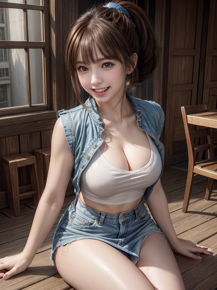 The beauty of 8K raw photos:2.0, short hair,25 years old, great face and dark eyes, stare at the camera, upward glance, A big smile, show teeth, dynamic pose, (straddling a chair ,spread legs), （sexy swimwear, denim shorts:1.2), realistic:1.9, very detailed CG 統合 8k 壁紙, very detailed, High resolution RAW color photos, (from bottom:1.3), professional photos, Shot in a hotel room, girl sexy portrait