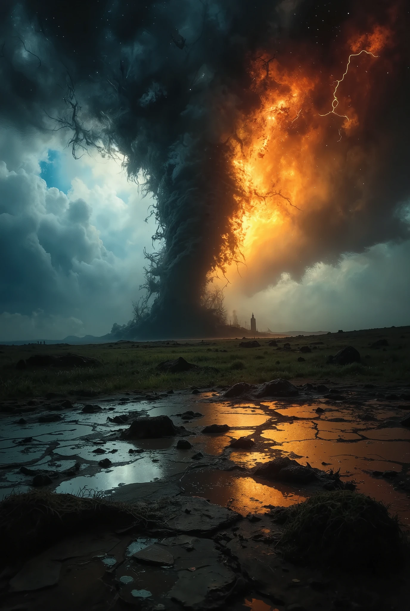 An award-winning masterpiece of realistic photography art capturing the raw power and grandeur of a tornado storm against a turbulent sky. Photographed with a high-resolution full-frame DSLR using a 16-35mm f/2.8 wide-angle lens, the composition emphasizes the scale and intensity of the storm while preserving intricate atmospheric details.

The tornado, depicted with exceptional clarity, spirals downward from dark, churning clouds that loom ominously above. Lightning arcs through the storm, illuminating the scene with brief but dramatic bursts of light, highlighting the swirling debris and chaotic motion at the tornado's base.

In the foreground, a cracked, rain-soaked landscape reflects the storm's fury, with puddles of water capturing vivid reflections of the lightning and storm clouds. The ground is strewn with scattered debris, adding a visceral sense of realism and scale to the composition.

The photograph's expertly balanced exposure captures the subtle interplay of light and shadow, with sunlight struggling to break through the storm’s periphery, casting faint beams across the desolate horizon. The wide-angle lens emphasizes the enormity of the tornado, drawing the viewer’s eye from the ground to the storm’s towering height.

The atmosphere is further enriched by swirling mist and dust, adding depth and movement to the scene. The use of vivid lighting effects, dramatic contrasts, and razor-sharp focus elevates the image to a visual masterpiece, seamlessly blending realism and artistry. This striking photograph captures the raw, untamed beauty of nature’s most powerful phenomena in breathtaking detail.