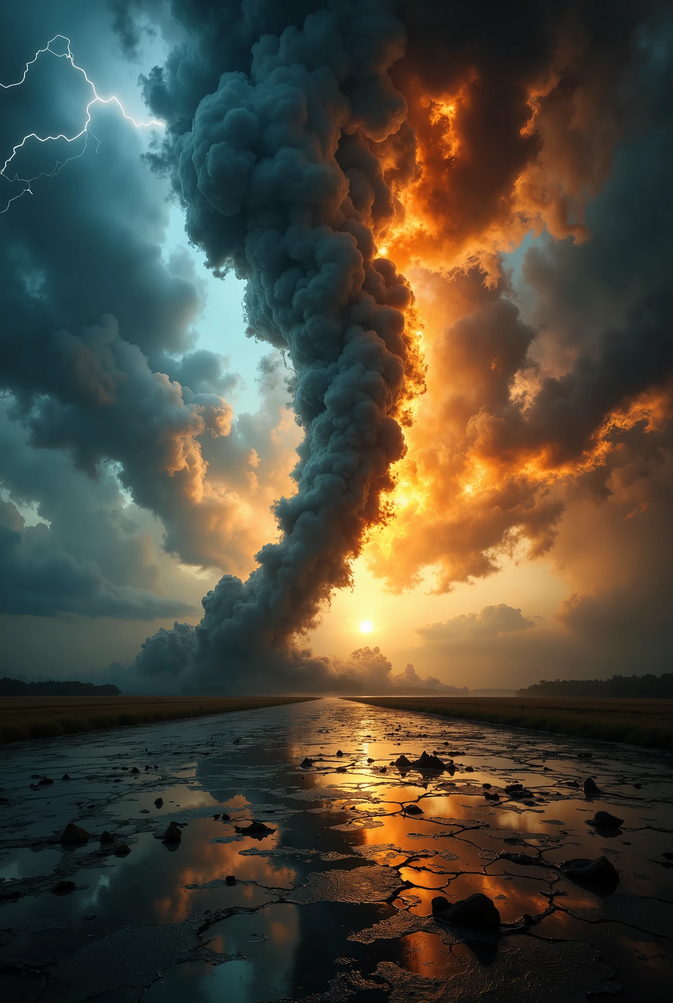 An award-winning masterpiece of realistic photography art capturing the raw power and grandeur of a tornado storm against a turbulent sky. Photographed with a high-resolution full-frame DSLR using a 16-35mm f/2.8 wide-angle lens, the composition emphasizes the scale and intensity of the storm while preserving intricate atmospheric details.

The tornado, depicted with exceptional clarity, spirals downward from dark, churning clouds that loom ominously above. Lightning arcs through the storm, illuminating the scene with brief but dramatic bursts of light, highlighting the swirling debris and chaotic motion at the tornado's base.

In the foreground, a cracked, rain-soaked landscape reflects the storm's fury, with puddles of water capturing vivid reflections of the lightning and storm clouds. The ground is strewn with scattered debris, adding a visceral sense of realism and scale to the composition.

The photograph's expertly balanced exposure captures the subtle interplay of light and shadow, with sunlight struggling to break through the storm’s periphery, casting faint beams across the desolate horizon. The wide-angle lens emphasizes the enormity of the tornado, drawing the viewer’s eye from the ground to the storm’s towering height.

The atmosphere is further enriched by swirling mist and dust, adding depth and movement to the scene. The use of vivid lighting effects, dramatic contrasts, and razor-sharp focus elevates the image to a visual masterpiece, seamlessly blending realism and artistry. This striking photograph captures the raw, untamed beauty of nature’s most powerful phenomena in breathtaking detail.