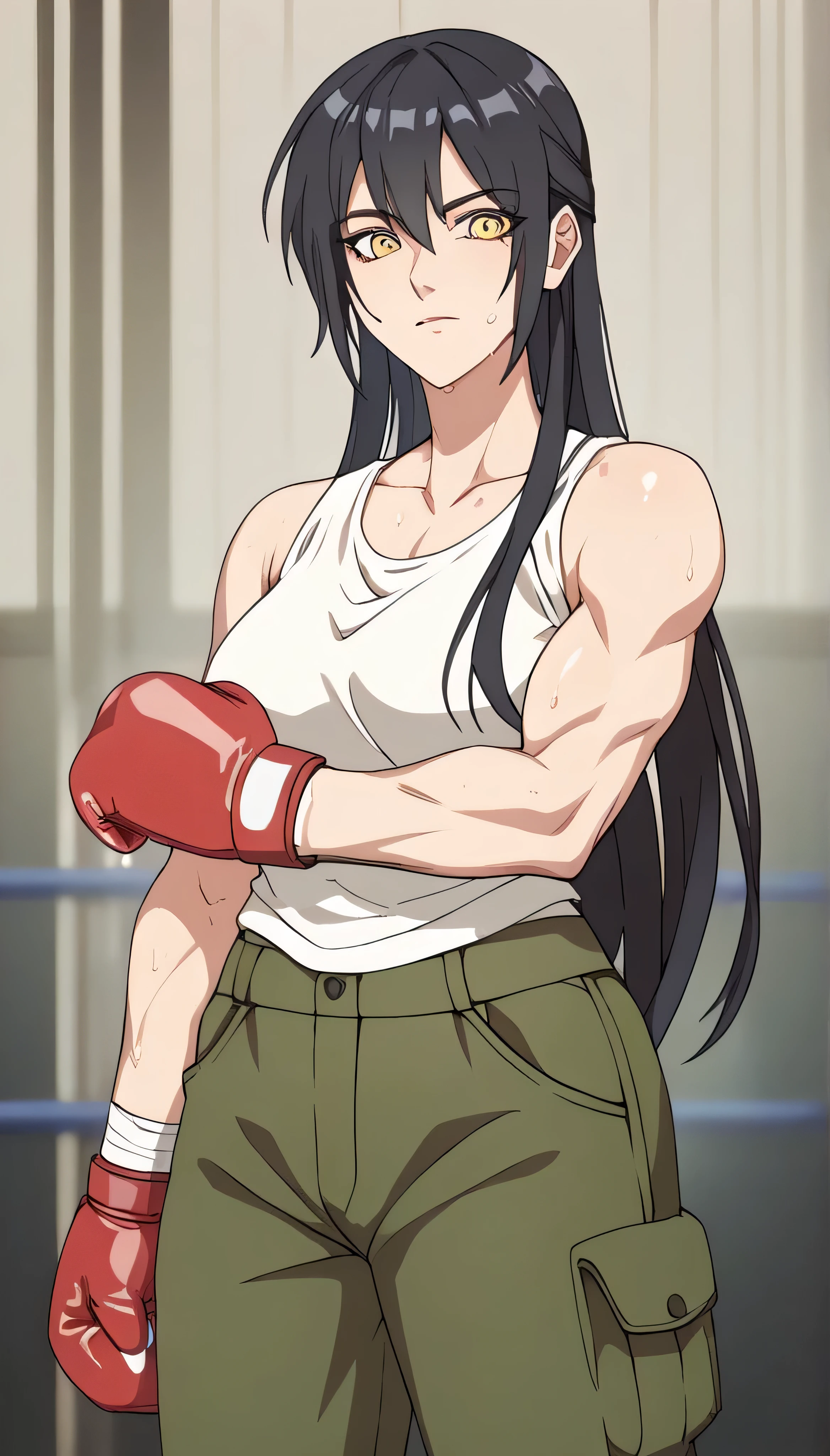 black hair,masterpiece,best quality,highres,ultra-detailed,aashizue,yellow eyes,long hair,cargo pants,(tank top:1.2), boxing gloves,toned, muscular,sweating, (sleeveless:1.4),cowboy shot,