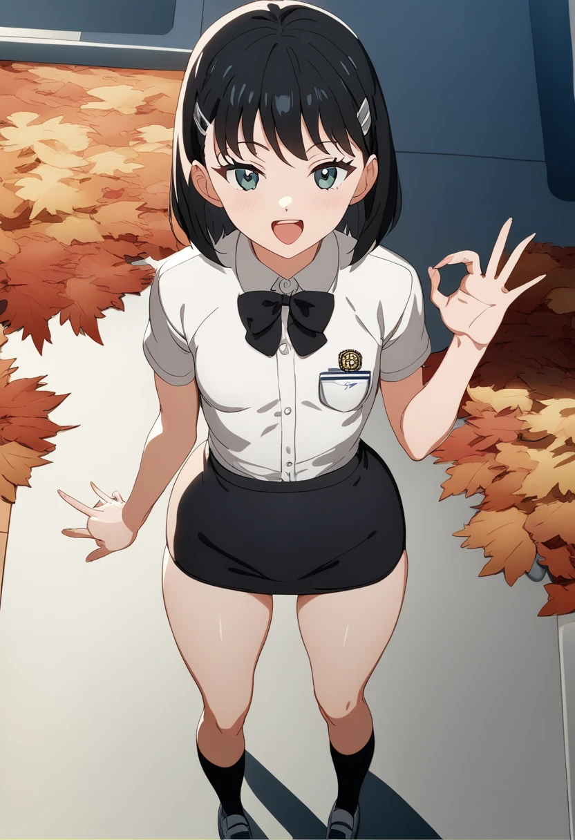   score_9,   score_8_above,   score_7_above,   score_6,   score_5_above,   score_4_above，anime BREAK， elementary school student  ，BLACK GIRL，eyes without light ，  in uniform black long-sleeved shirt  、  round school or laboratory logo，   Black skirt  ， very short ，  small breasts，   baby figures   ，  small butt  ，  Very thin thighs，autumn sky，  Fall Park ，  falling leaves  ，  Playful gestures   ， underneath，((  manga style black and white ))