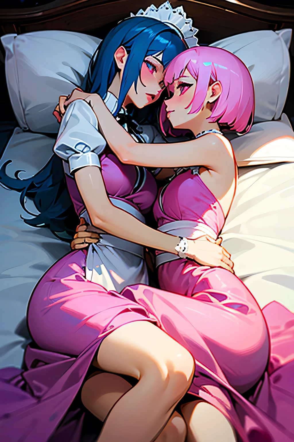 (Highest quality), (masterpiece), highly detailed, highly detailed face, highly detailed body, 2girls, side by side, Ichika, with her pink hair and navy blue school swimsuit, is lying on her back in bed, having with me in the misd sleeping unaware as I impregnate her. Next to her is Nino, with her short straight hair and dark pink hair, sleeping unaware as semen drips from her ed vagina., Two whole bodies, has a full head of pubic hair, Beautiful Vagina, White semen is spilling om the gap betwchika's vagina and my penis inserted in Ichika'sa., A small crectionerus with a penis expellien in the background, They both have their eyes cland are fast asl