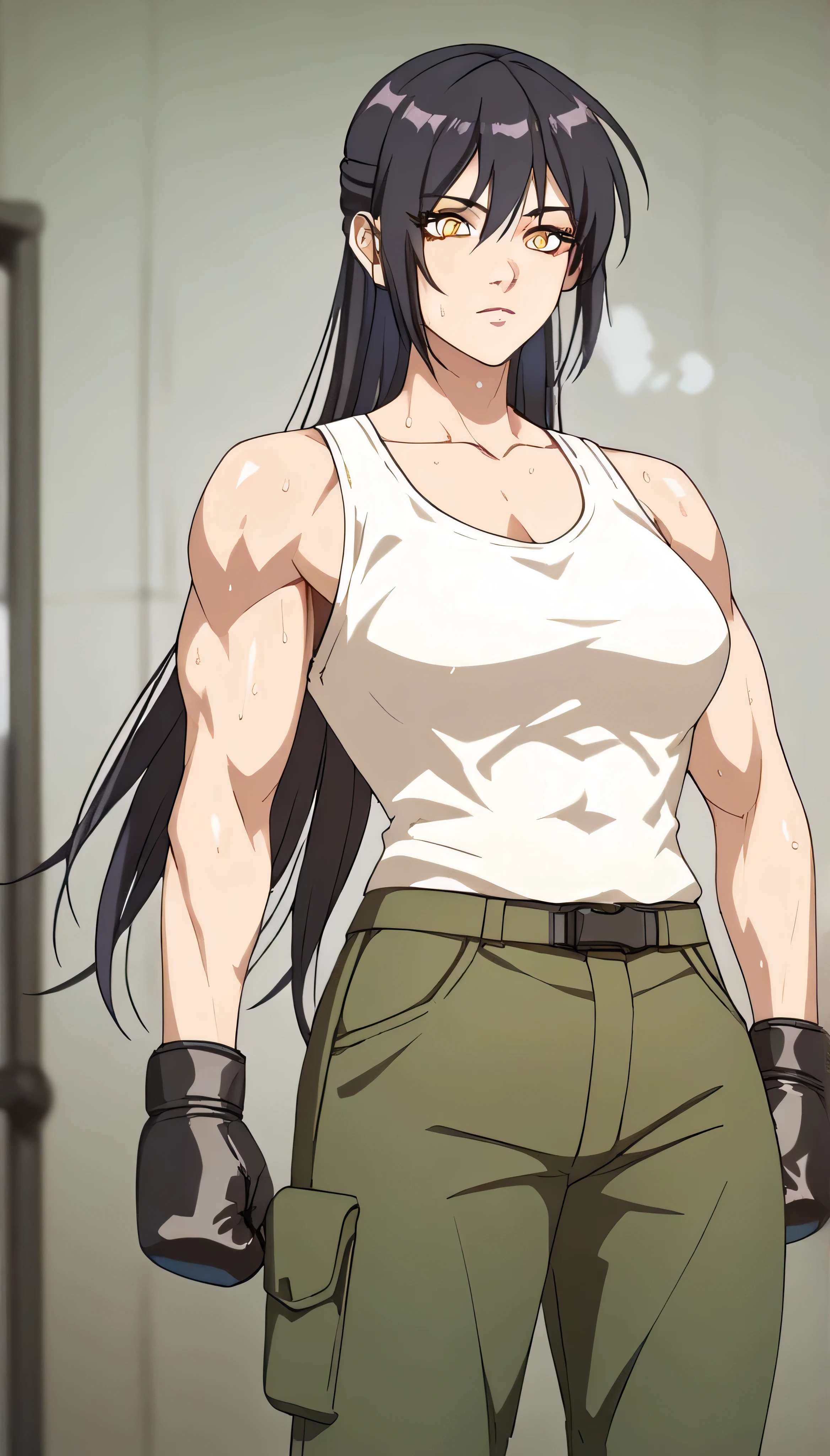 black hair,masterpiece,best quality,highres,ultra-detailed,aashizue,yellow eyes,long hair,cargo pants,(tank top:1.2), boxing gloves,toned, muscular,sweating, (sleeveless:1.4),cowboy shot,