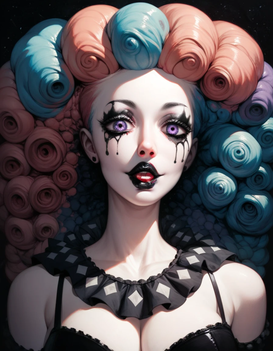 um desenho de uma mulher com cabelo rosa, Inspirado em RossDrew, Surrealismo Pop, wearing bizarre clown makeup, arte conceitual, Trend in Deviantarthq", rob rey and kentarõ miura style