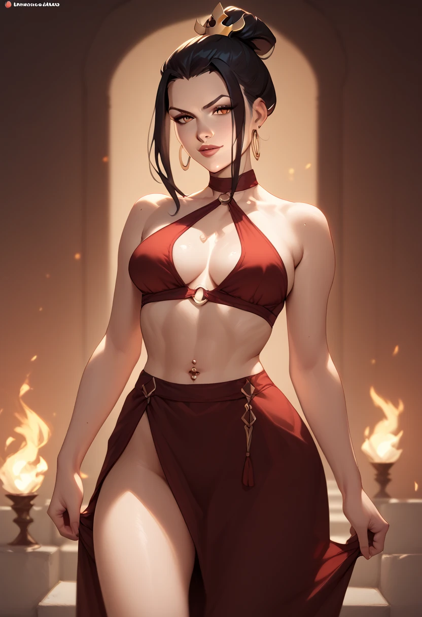 masterpiece, best quality, 1girl, azula, closed mouth, smirk, makeup, décolleté, belly, navel, (open kimono, thong), wide hips, giantess, towering over medival city, 500 meters tall, lipstick, looks at the viewer, fire, abs, muscles