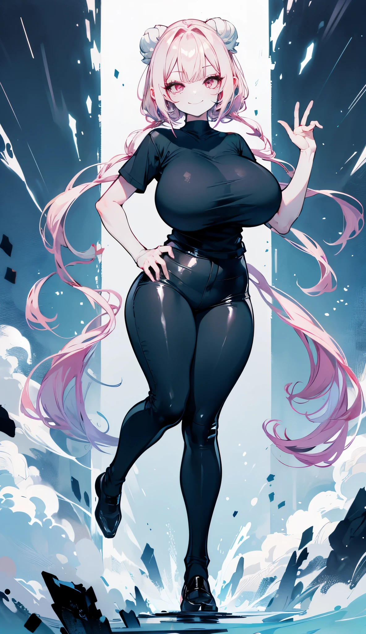 pearl, full body,  full body ,  Big breasts , thick coxas,  evil smile , suspicious face , doing v,  perfect and luminous skin, low-cut black shirt, socks black pants 