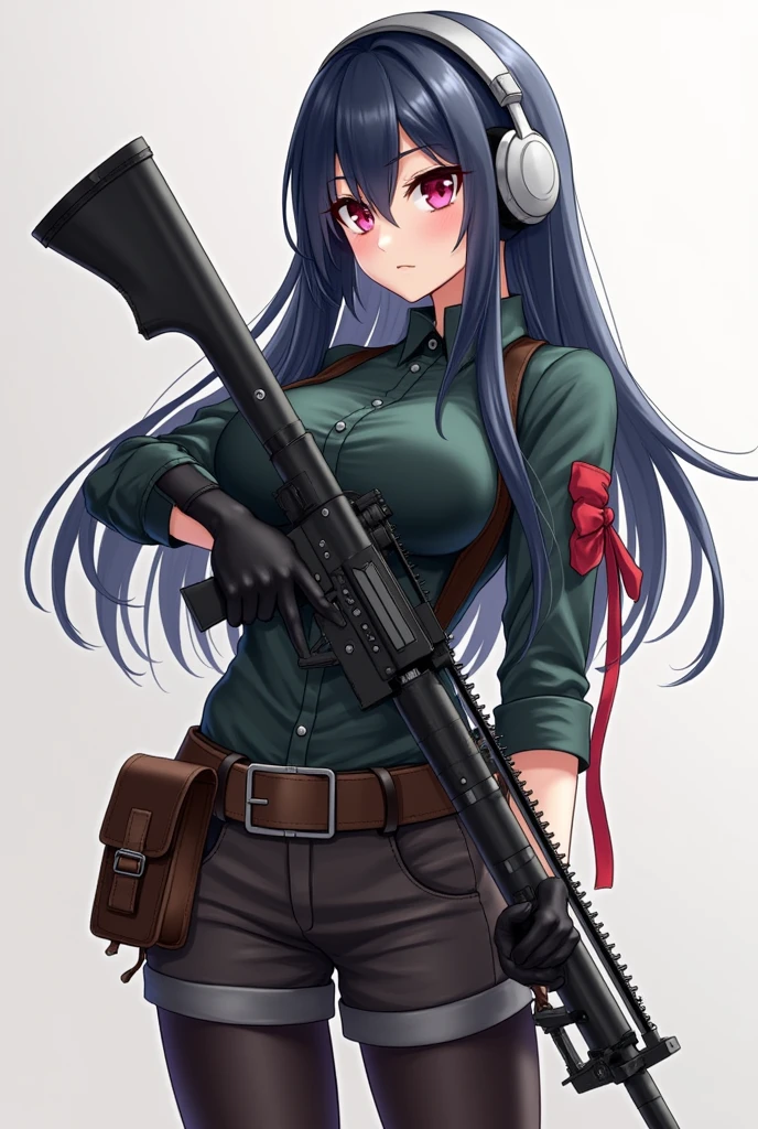 1girl, solo, long hair, breasts, looking at viewer, bangs, skirt, large breasts, simple background, gloves, hat, white background, holding, blue hair, weapon, purple hair, ass, pantyhose, holding weapon, gun, holding gun, handgun