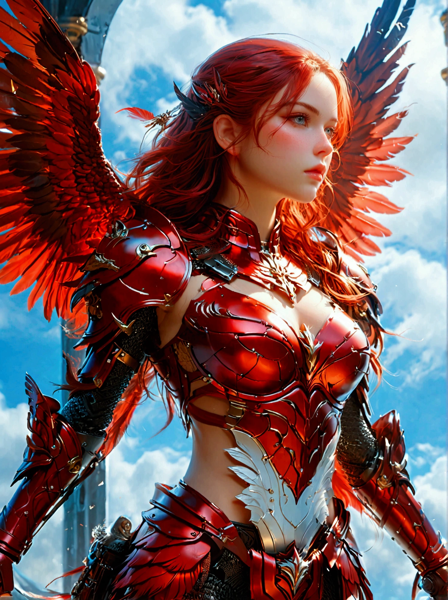  (large breasts:0.9), pale-skinned female, Create a [realistic] [8k] [wallpaper] [photography] (RAW Photo, Best Quality), (Realistic, Photorealistic Photo: 1.3), Best Quality, Highly Detailed, Masterpiece, Ultra Detailed, Illustration, Red Raven, Beautiful female with long red hair, All is Red, Red armor on her curvaceous body and meticulously etched armored wings (1.8) Metallic red feathers in a miasmic union with her perfect skin, chiaroscuro, Flying in the cerulean sky, ridiculous resolution, High resolution, (masterpiece: 1.4), Ultra-detailed, Best Quality, Extremely Detailed, CG Unified 8k Wallpaper, Ink, Amazing, intricately detailed, fine details, hyperdetailed. Her [full, pouty lips] should be slightly parted, and her small, narrow nose should add to her charm. Her [detailed eyes] should be enhanced with [black eyeliner] and [black smudged eyeshadow], which beautifully frame her [natural] beauty. In the photo, the woman's skin should be [glossy], and radiant, while her [ethereal] hair should add to the [natural] appeal of the image. The [armor] should be emphasized, with a [high level of detail]