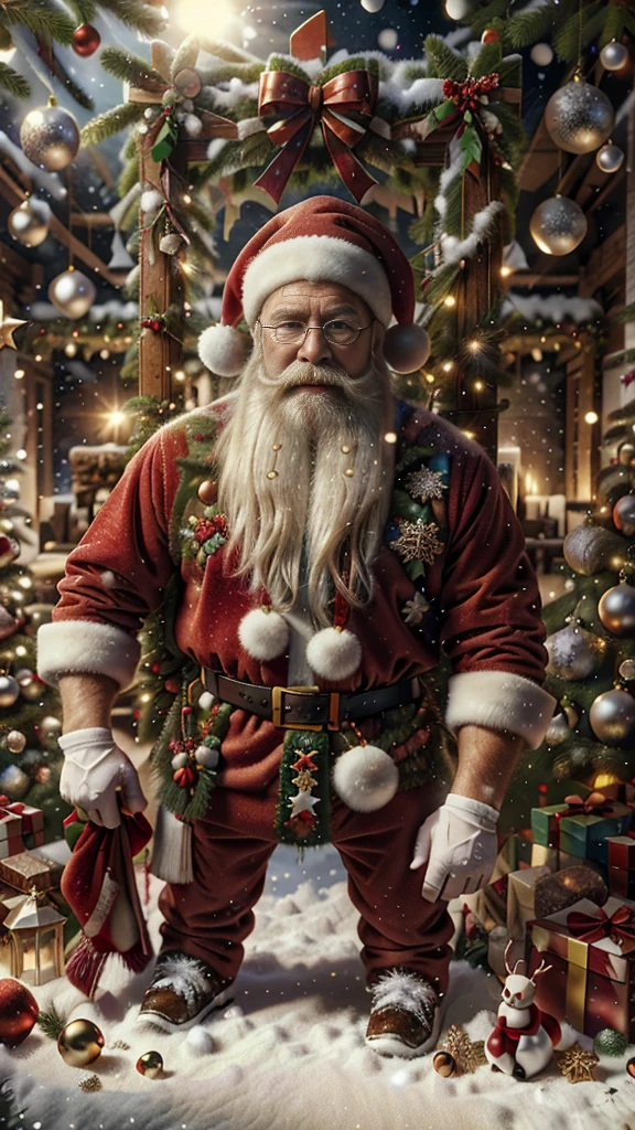 Hyper-realistic image of Santa Claus , Very friendly, holding a sign with the text " La Familia Dominguez Rangel les desean una hermosa Navidad 2024 ", standing on snow next to a Christmas tree with lots of ornaments while it's snowing. In the background a villa decorated with Christmas lights , behind him their sleigh loaded with gifts pulled by 4 reindeer . blue eyes, High resolution, masterpiece, Preciso, The best quality , Detail, Details altos, UHD, very detailed , Shine, film, cinematografía, Hyperrealism, hyperdetailed , Photorealistic image, realism