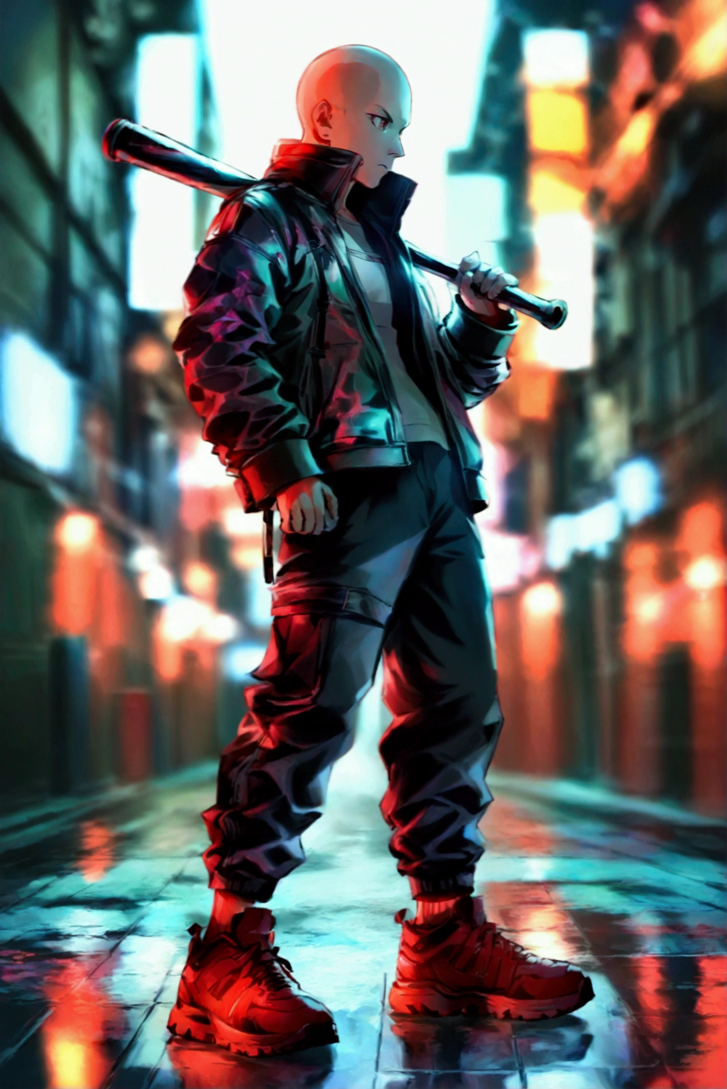 anime,  bald man,  dressed in a cyberpunk-style jacket with the name “Grise” written,  black pants ,  red sneakers , holding a baseball bat under his shoulders ,  full body , side perspective.