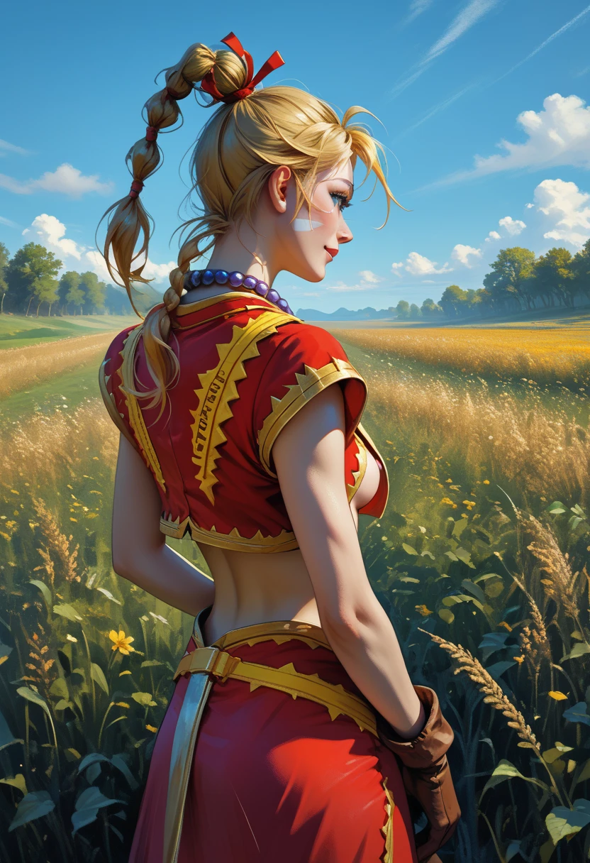 1woman, Highly detailed face, (beautiful blue eyes), light smile, kdecc, ponytail, facial mark, necklace, fitted red vest, small bust, (nude torso under vest:1.42), erect nipples, midriff, (form fitting red skirt), ((skirt is partially open)), (yellow pubic hair peeks out of her skirt:1.37), gloves, (full length portrait), (standing with legs apart), (viewed from behind:1.37), (standing in a field as a tornado passes miles away), d3t41l3d