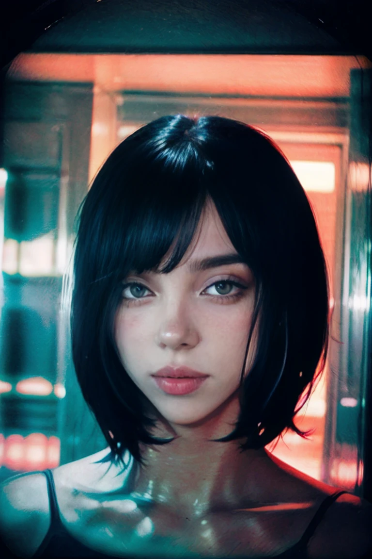 (photorealism:1.2), beautiful woman, bob cut, teen, black hair, Fujifilm X100V, polaroid, indoor, messy hair