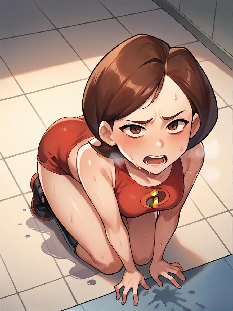 score_9, score_8_up, score_7_up, score_6_up, score_5_up, score_4_up, BREAK, source_cartoon, source_anime, 1girl, helen parr, brown hair, brown eyes, looking at viewer, bending over, hands on knees, dripping sweat, dripplits of sweat on the floor, puddle of sweat, steam coming out of her mouth, tight red gym shorts, tight red gym tank top, sweating profusely, exhausted, breathing, open mouth,