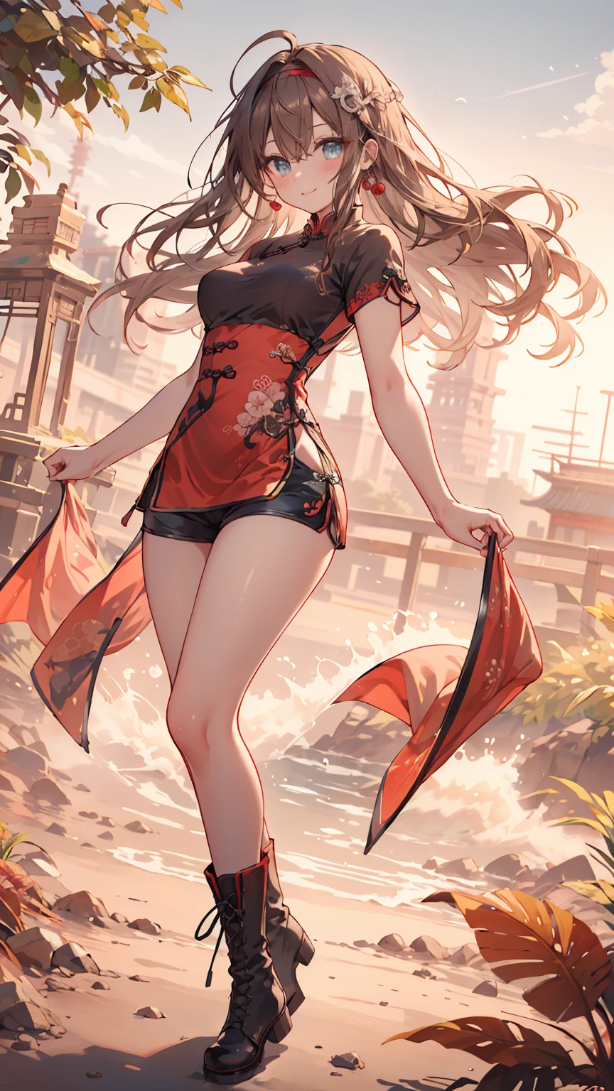 masterpiece, 8k, high quality, 1 chinese girl, a brown haired girl, long hair, messy hair, ahoge, curly hair, seductive face, seductive smile, beautiful eyes, aquamarine eyes, wearing chinese traditional clothes, wearing red qipao, long qipao, qipao ornament, dragon ornament qipao, short sleeves, shorts inside qipao, shorts under qipao, medium breasts, beautiful breasts, rounded breasts, slim body, her age 19, sakurako_bluearchive, view from right down, garden, rainbow_one, MongolPunkAI, headband, boots, 