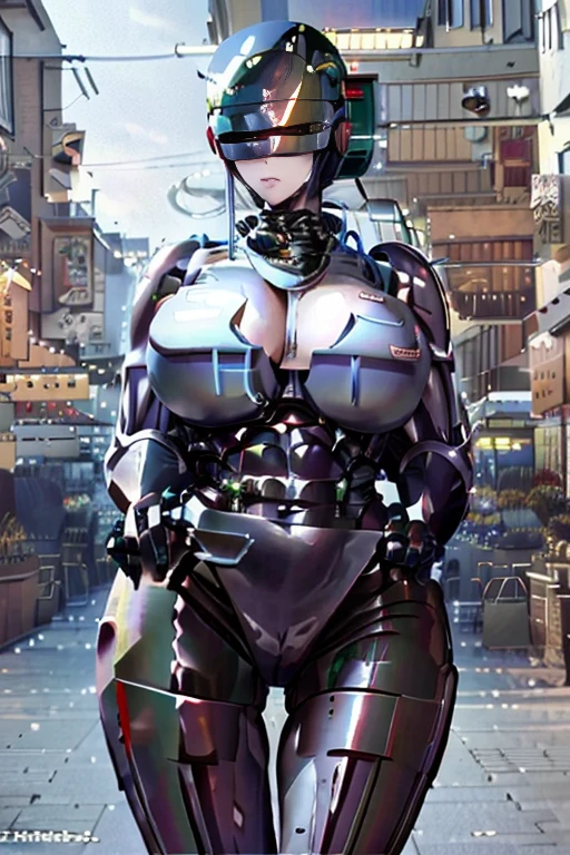 (   best quality ), (Overall view)  Hua Gai with a cool and charming face  ,RoboCop Armor     , Robocop helmet ,       beautiful and sexy young woman , 18 years old,       Toned and Muscular     ,  with a cool and handsome face   ,   sharp eye, Big Breasts