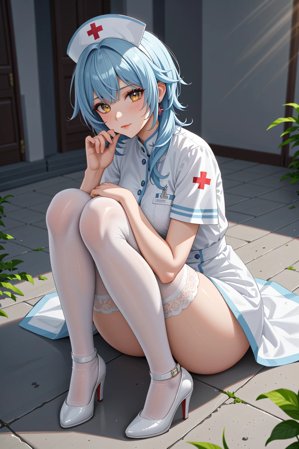 Right at dusk, on the ground floor of a departmental compound, the rays of the evening sun gently illuminate Eula, the female character from Genshin Impact. Woman who leaves her home to go to her job as a nurse, hence her white outfit with a nurse's hat and prominent footwear with white heels and white stockings. Covering her athletic and curvy body in addition to wearing pronounced makeup that highlights the brightness of her yellow eyes and radiates beauty with her light blue hair.