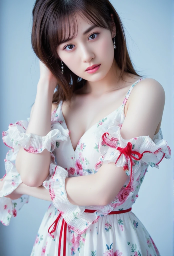 (１Female), realistic ,best  realistic  quality:1.1),( photoshoot:1.1),( high definition ), (Highly detailed and  realistic  face),( realistic  human skin),( Tall,Ultra slim、 Japanese Beauties :1.2),White skin at age 20,( smaller breasts).(Princess cut :1.3),Sheer white babydoll with vivid red accents, floral print, deep V-neckline, long sleeves, red ribbon detail, flowing A-line silhouette,( magazine cover :1.3)