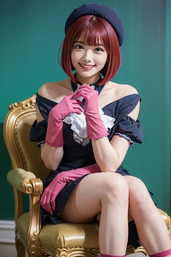   Masterpiece ,  best quality,  high definition , red hair、 Trimmed Short Bob , Wear a beret,  head tilt, red eyes, gem, brooch,  white ascot, frills, Short sleeve, Pink gloves,   black skirt  , throne,  sitting,  legs、Red panties are slightly visible ,  smirking ,  grin off-shoulder idol costume、Small cleavage、