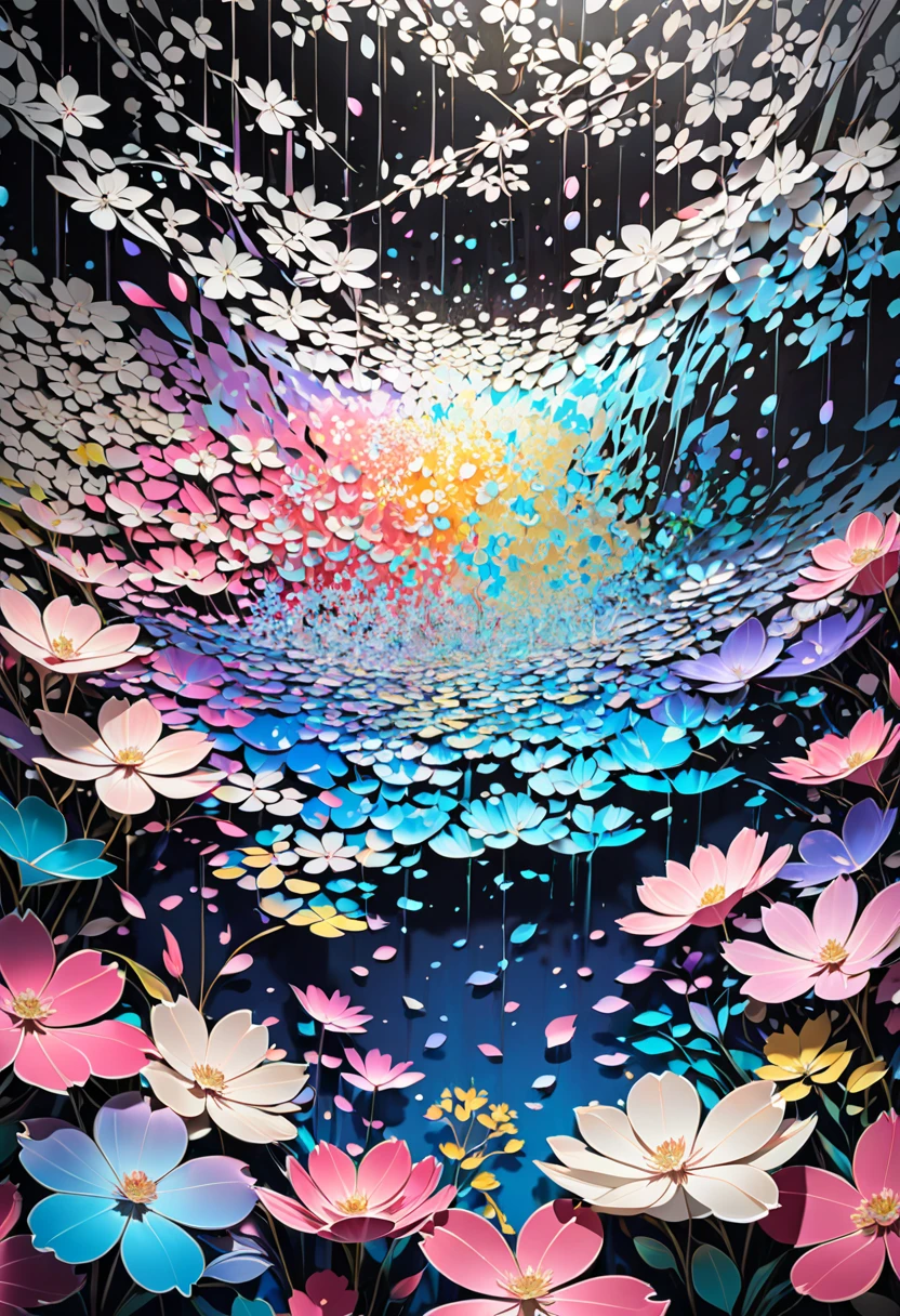 A cross-fade of two images, one of lily and cherry blossom petals created through a fusion of paper cutting and shadow art, the other of iridescent soap bubbles raining from the sky and gushing out of the ground, bold and dynamic, contrasts of light and shadow, 2.5D, artistic images art, ultra detailed, absolutely resolution, masterpiece