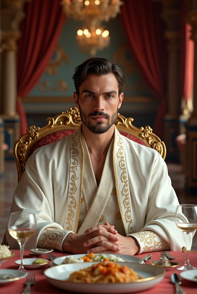 Greek god handsome man drinking wine cheerful in ancient Greek clothes and dancing with wine glass